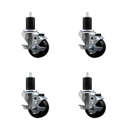 Service Caster 3'' SS Hard Rubber Swivel 1-3/4'' Expanding Stem Caster Set with Brake, 4PK SCC-SSEX20S314-HRS-TLB-134-4
